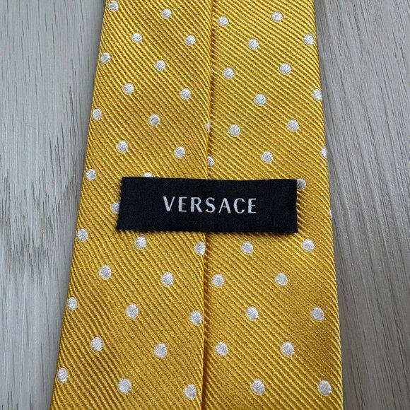 Versace Mens Yellow White Polka Dot Pointed 100% Pure Silk Necktie 59x3 Inches - Picture 10 of 14